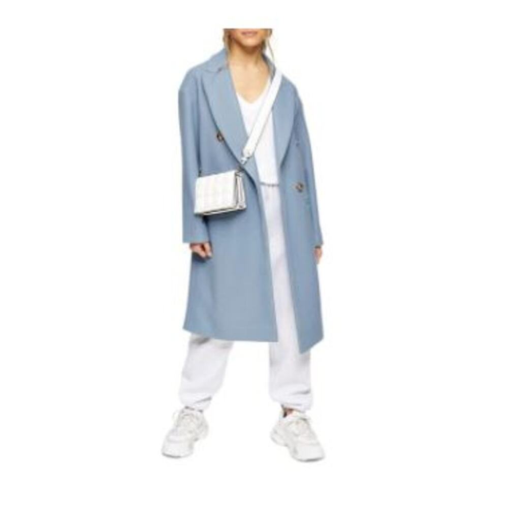 Topshop Brooke Double Breasted Long Coat Collared Neck Four Button Up Blue SZ 4